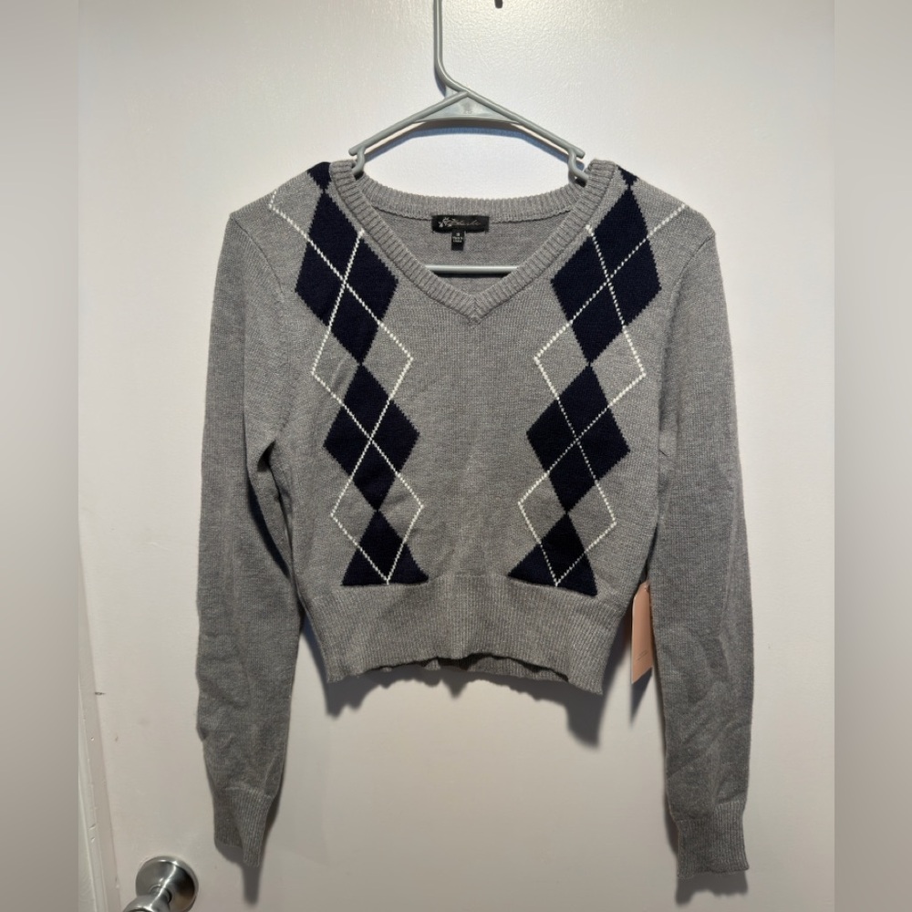 Blashe Grey Argyle V-Neck Sweater.